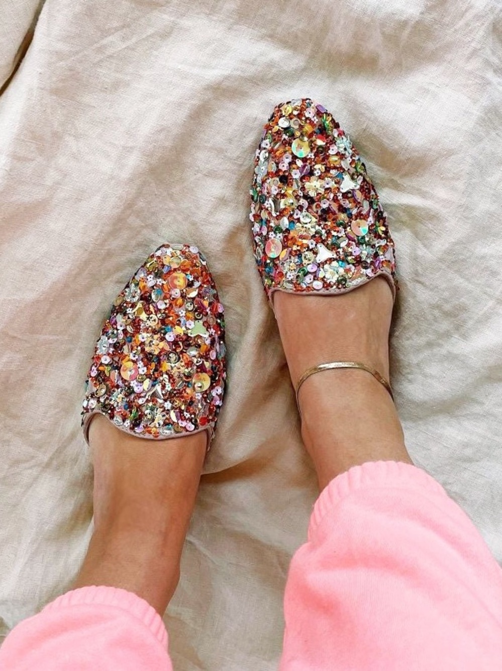 Llani Size 39 / US 8 Confetti Hand Embellished Slides in Peach